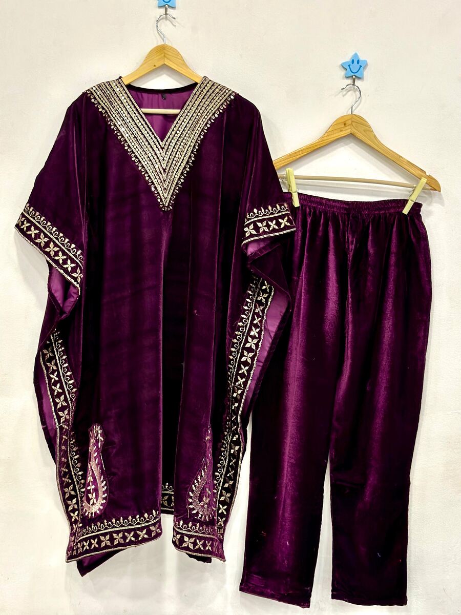 NEW ARRIVAL VELVET EMBROIDERY SEQUENCE WORK KAFTAN WITH PANT