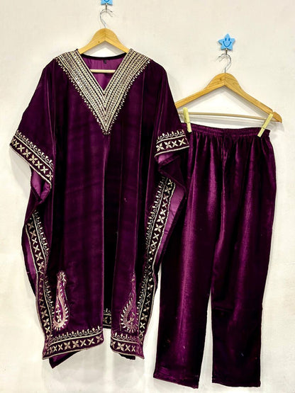 NEW ARRIVAL VELVET EMBROIDERY SEQUENCE WORK KAFTAN WITH PANT