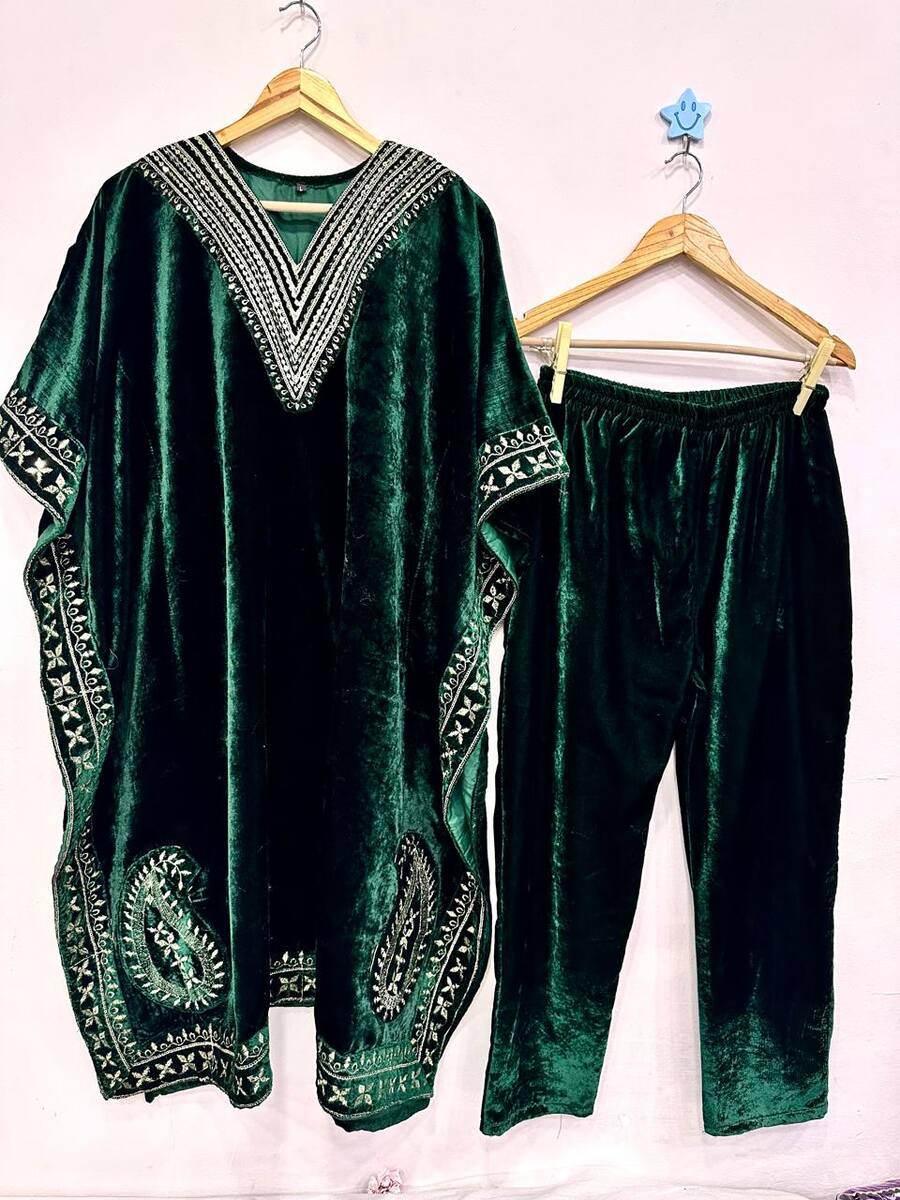 NEW ARRIVAL VELVET EMBROIDERY SEQUENCE WORK KAFTAN WITH PANT