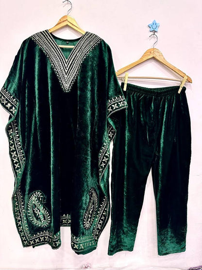 NEW ARRIVAL VELVET EMBROIDERY SEQUENCE WORK KAFTAN WITH PANT