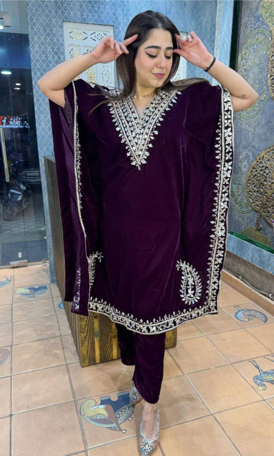 NEW ARRIVAL VELVET EMBROIDERY SEQUENCE WORK KAFTAN WITH PANT