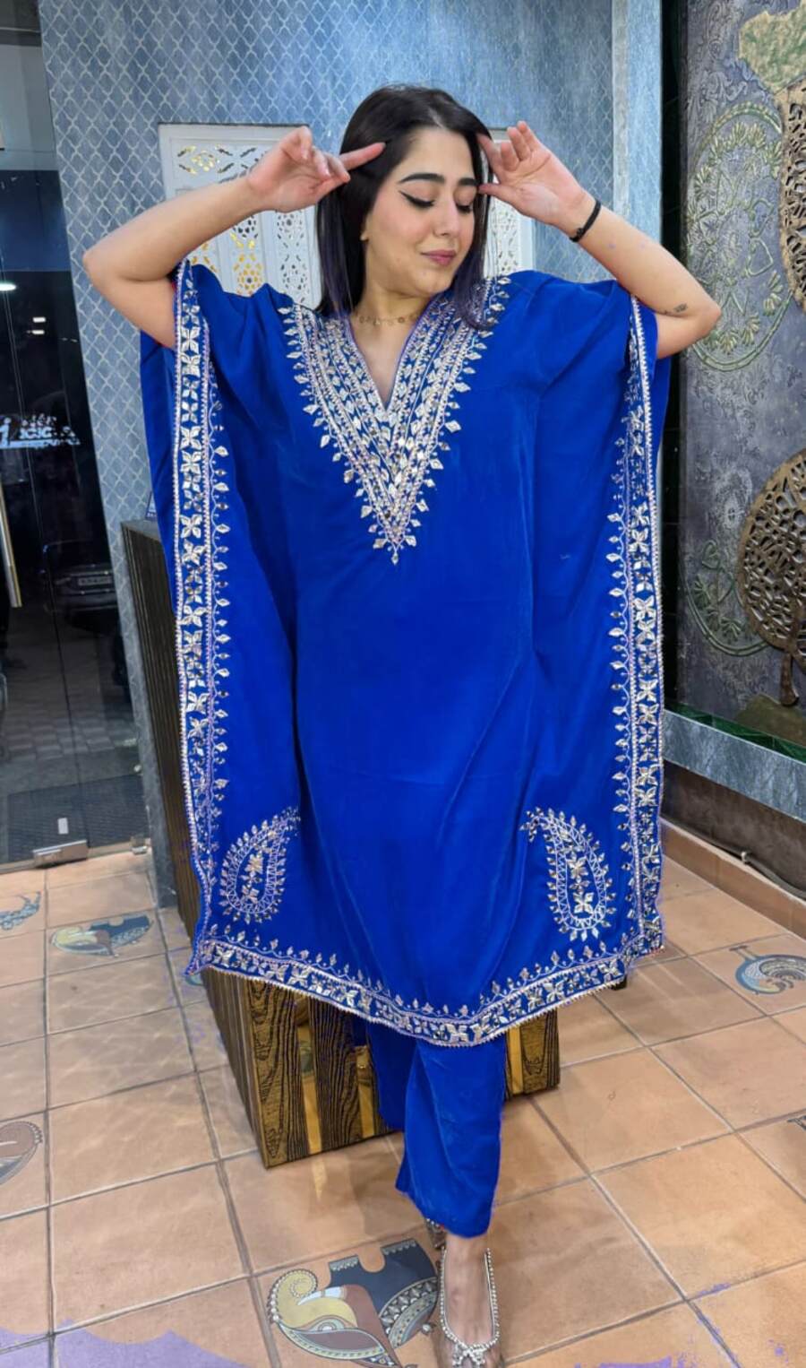NEW ARRIVAL VELVET EMBROIDERY SEQUENCE WORK KAFTAN WITH PANT