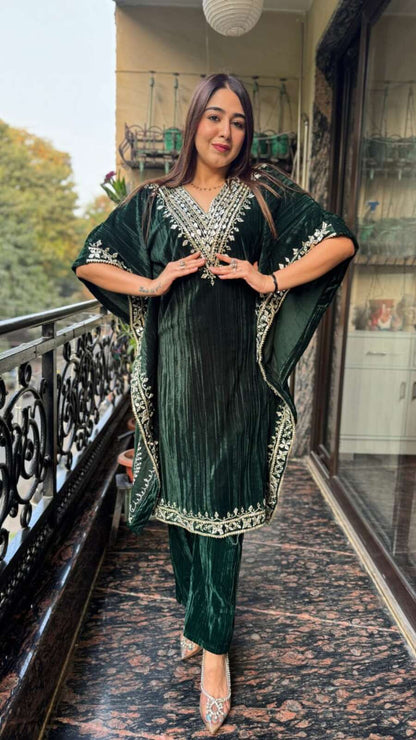 NEW ARRIVAL VELVET EMBROIDERY SEQUENCE WORK KAFTAN WITH PANT