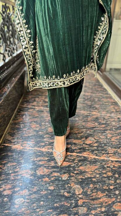 NEW ARRIVAL VELVET EMBROIDERY SEQUENCE WORK KAFTAN WITH PANT