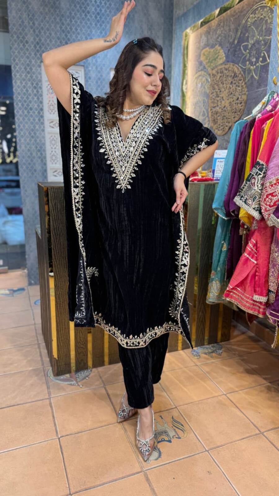 NEW ARRIVAL VELVET EMBROIDERY SEQUENCE WORK KAFTAN WITH PANT