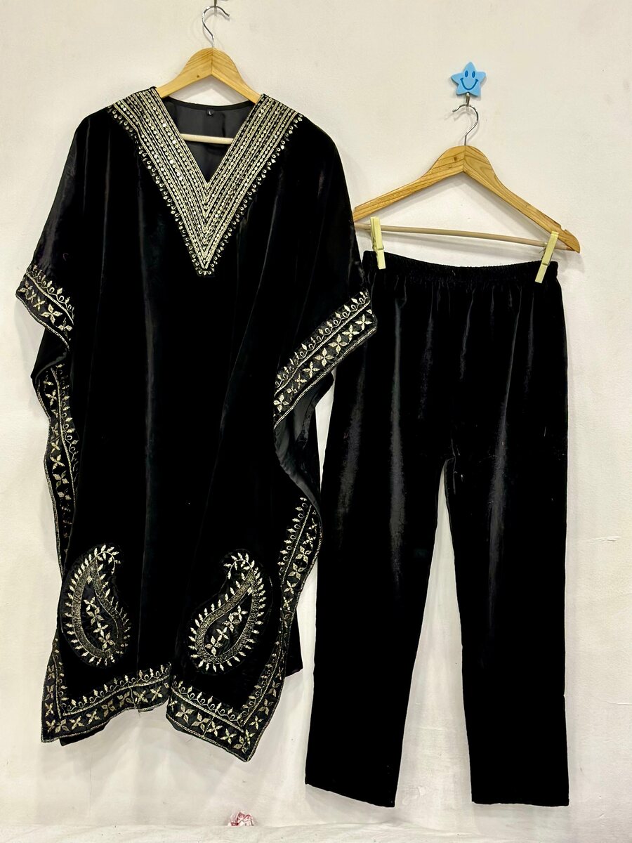 NEW ARRIVAL VELVET EMBROIDERY SEQUENCE WORK KAFTAN WITH PANT
