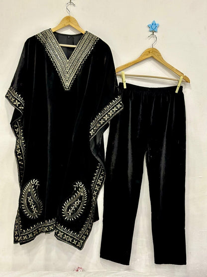 NEW ARRIVAL VELVET EMBROIDERY SEQUENCE WORK KAFTAN WITH PANT
