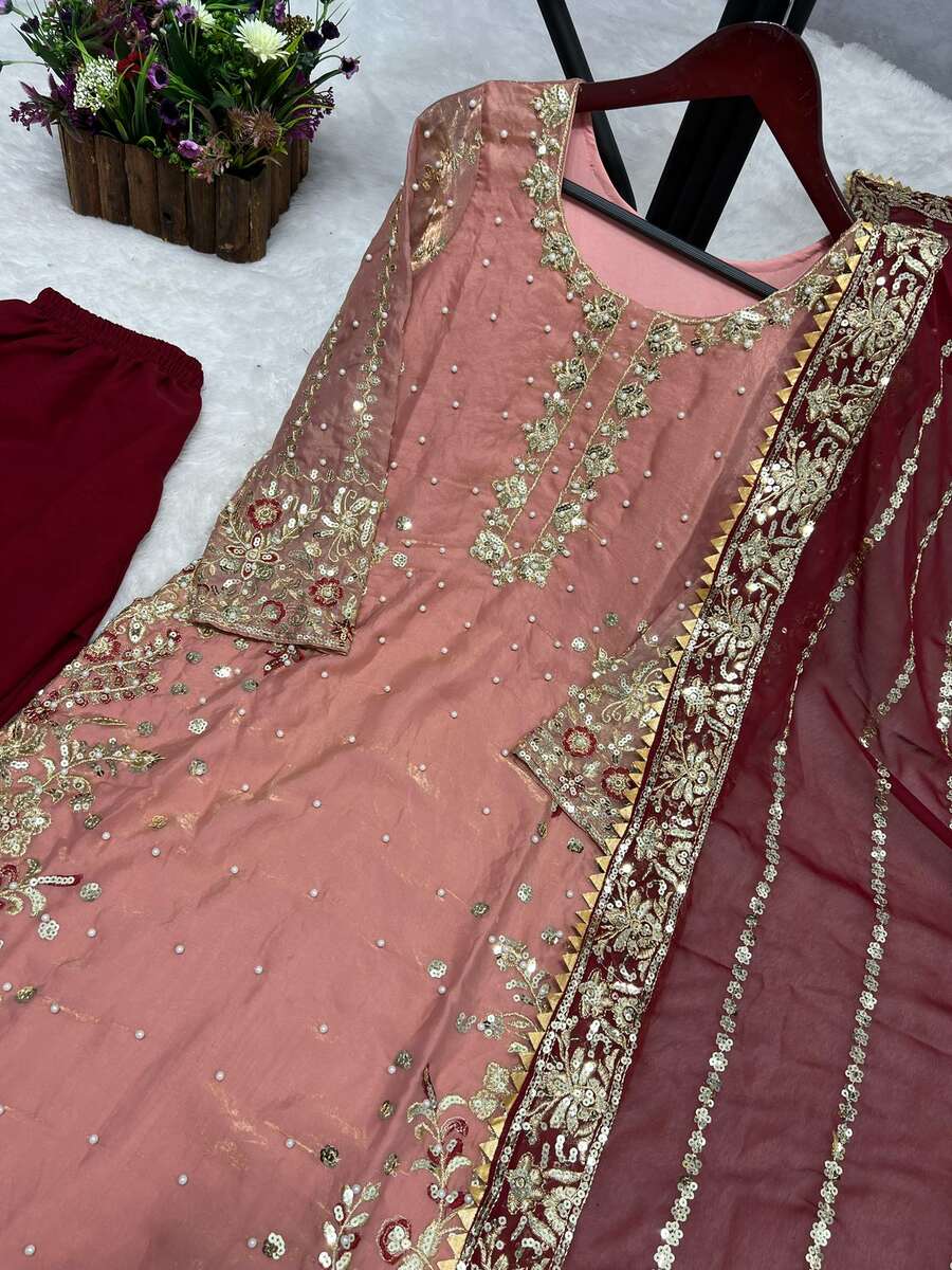RICH LOOK FENDI SILK EMBROIDERY AND SEQUENCE WORK WITH RIVET MOTI WORK TOP PALAZZO WITH DUPATTA