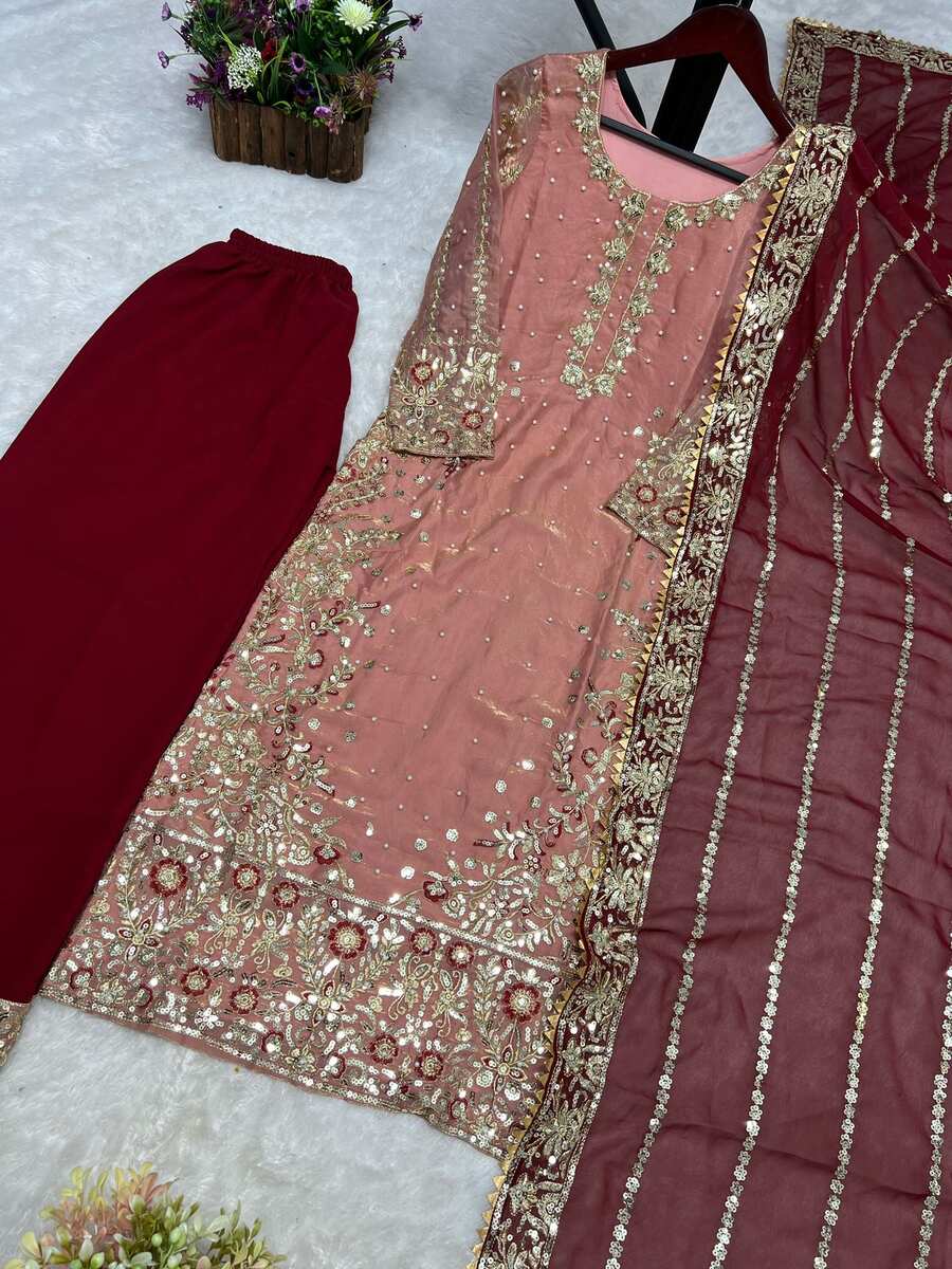 RICH LOOK FENDI SILK EMBROIDERY AND SEQUENCE WORK WITH RIVET MOTI WORK TOP PALAZZO WITH DUPATTA