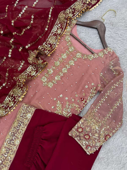 RICH LOOK FENDI SILK EMBROIDERY AND SEQUENCE WORK WITH RIVET MOTI WORK TOP PALAZZO WITH DUPATTA