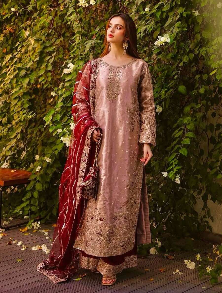 RICH LOOK FENDI SILK EMBROIDERY AND SEQUENCE WORK WITH RIVET MOTI WORK TOP PALAZZO WITH DUPATTA