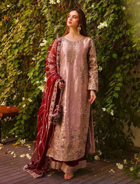 RICH LOOK FENDI SILK EMBROIDERY AND SEQUENCE WORK WITH RIVET MOTI WORK TOP PALAZZO WITH DUPATTA