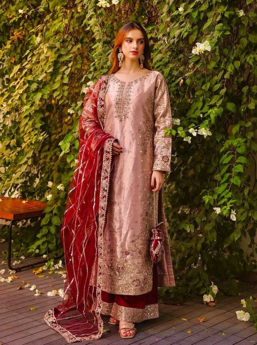 RICH LOOK FENDI SILK EMBROIDERY AND SEQUENCE WORK WITH RIVET MOTI WORK TOP PALAZZO WITH DUPATTA