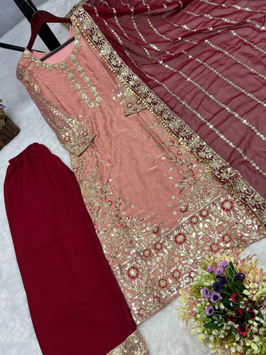RICH LOOK FENDI SILK EMBROIDERY AND SEQUENCE WORK WITH RIVET MOTI WORK TOP PALAZZO WITH DUPATTA