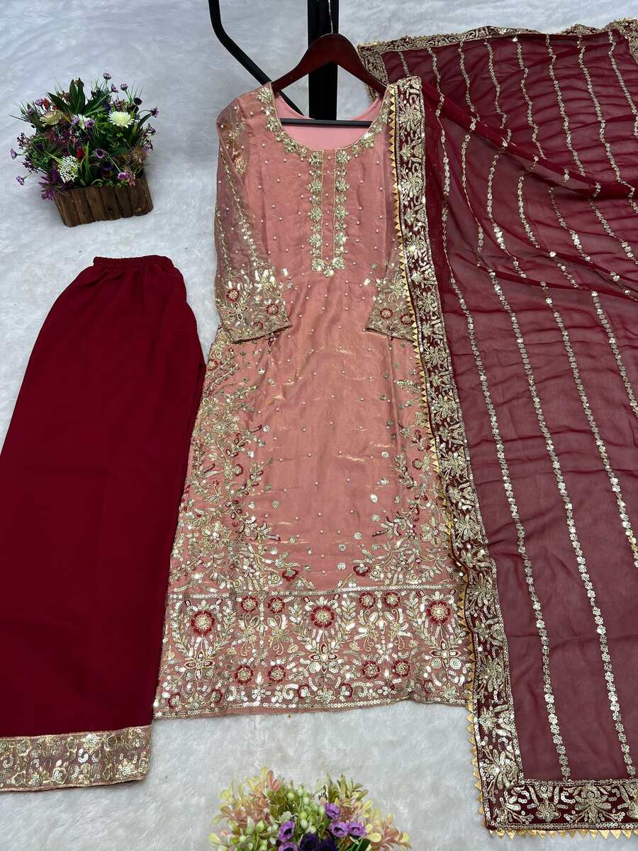 RICH LOOK FENDI SILK EMBROIDERY AND SEQUENCE WORK WITH RIVET MOTI WORK TOP PALAZZO WITH DUPATTA