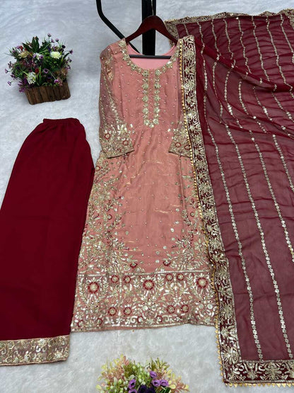 RICH LOOK FENDI SILK EMBROIDERY AND SEQUENCE WORK WITH RIVET MOTI WORK TOP PALAZZO WITH DUPATTA