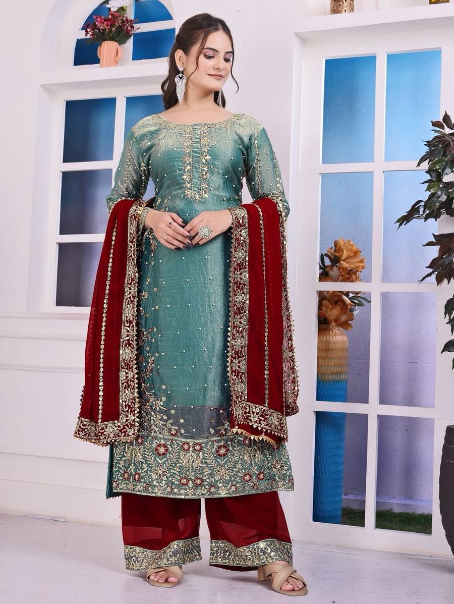 RICH LOOK FENDI SILK EMBROIDERY AND SEQUENCE WORK WITH RIVET MOTI WORK TOP PALAZZO WITH DUPATTA