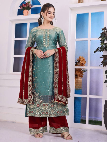 RICH LOOK FENDI SILK EMBROIDERY AND SEQUENCE WORK WITH RIVET MOTI WORK TOP PALAZZO WITH DUPATTA