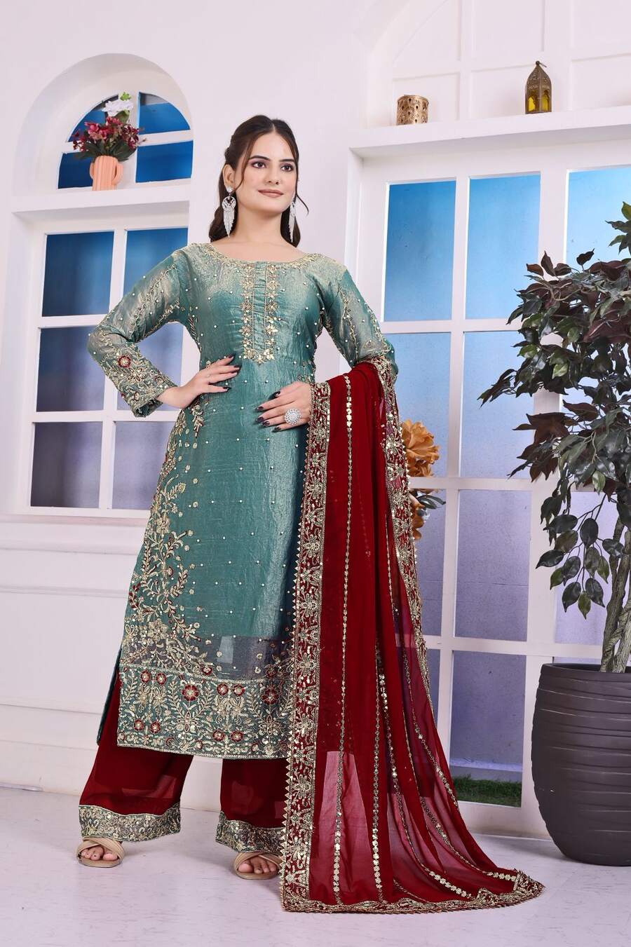RICH LOOK FENDI SILK EMBROIDERY AND SEQUENCE WORK WITH RIVET MOTI WORK TOP PALAZZO WITH DUPATTA