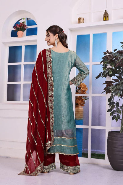 RICH LOOK FENDI SILK EMBROIDERY AND SEQUENCE WORK WITH RIVET MOTI WORK TOP PALAZZO WITH DUPATTA