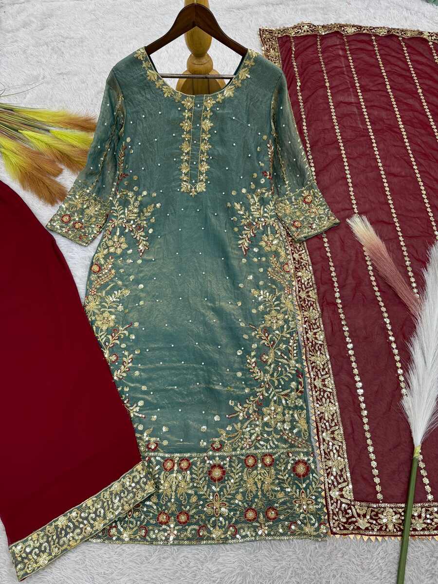 RICH LOOK FENDI SILK EMBROIDERY AND SEQUENCE WORK WITH RIVET MOTI WORK TOP PALAZZO WITH DUPATTA