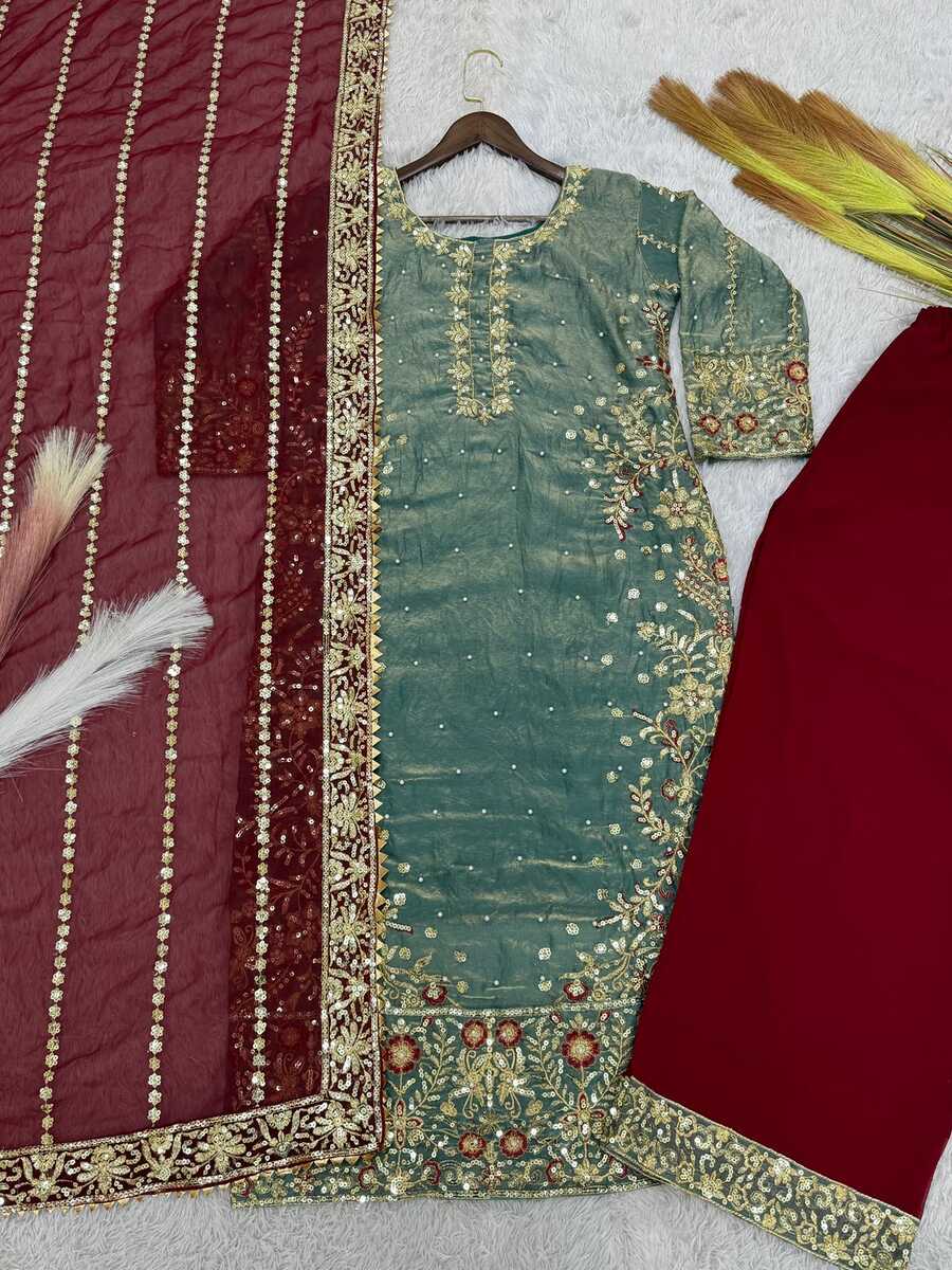 RICH LOOK FENDI SILK EMBROIDERY AND SEQUENCE WORK WITH RIVET MOTI WORK TOP PALAZZO WITH DUPATTA