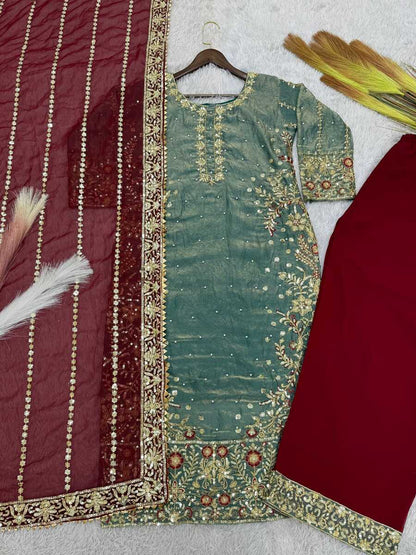 RICH LOOK FENDI SILK EMBROIDERY AND SEQUENCE WORK WITH RIVET MOTI WORK TOP PALAZZO WITH DUPATTA