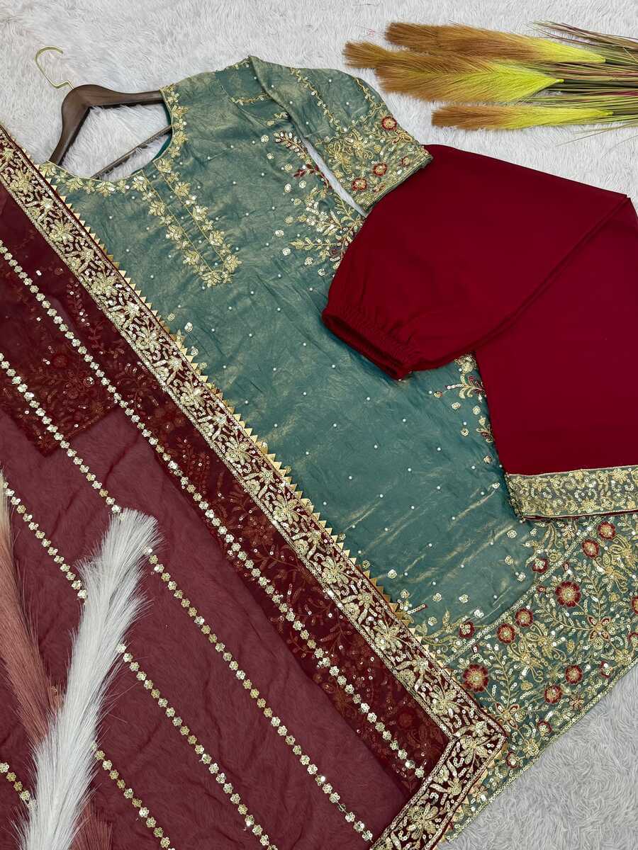 RICH LOOK FENDI SILK EMBROIDERY AND SEQUENCE WORK WITH RIVET MOTI WORK TOP PALAZZO WITH DUPATTA