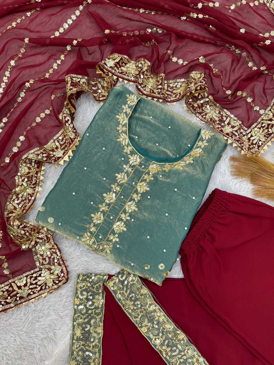 RICH LOOK FENDI SILK EMBROIDERY AND SEQUENCE WORK WITH RIVET MOTI WORK TOP PALAZZO WITH DUPATTA