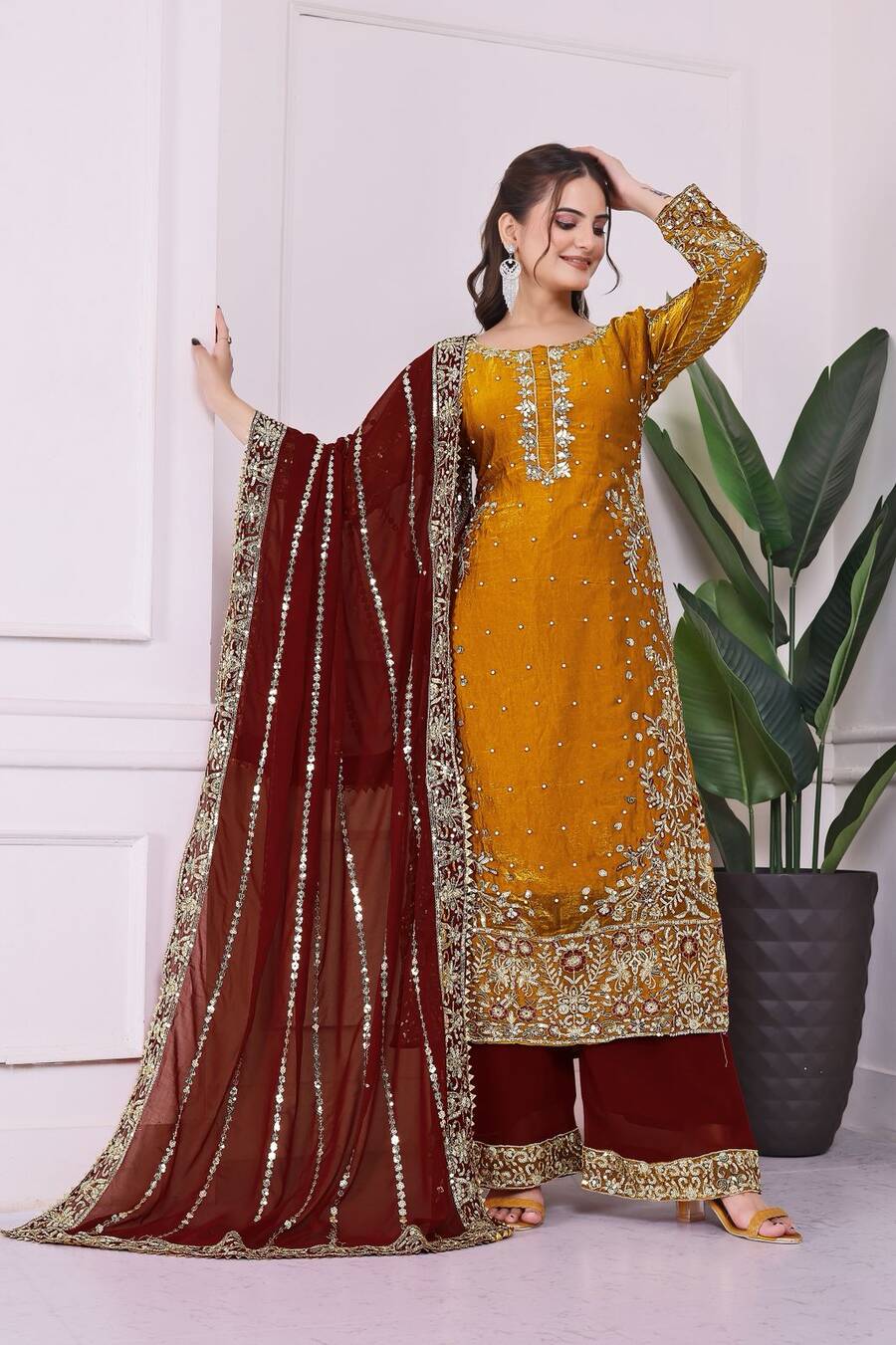 RICH LOOK FENDI SILK EMBROIDERY AND SEQUENCE WORK WITH RIVET MOTI WORK TOP PALAZZO WITH DUPATTA