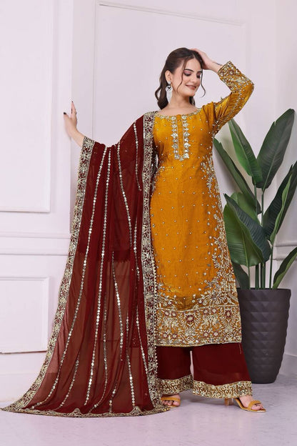 RICH LOOK FENDI SILK EMBROIDERY AND SEQUENCE WORK WITH RIVET MOTI WORK TOP PALAZZO WITH DUPATTA