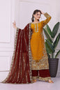 RICH LOOK FENDI SILK EMBROIDERY AND SEQUENCE WORK WITH RIVET MOTI WORK TOP PALAZZO WITH DUPATTA