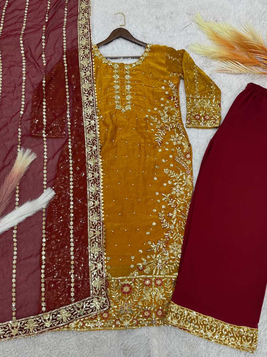 RICH LOOK FENDI SILK EMBROIDERY AND SEQUENCE WORK WITH RIVET MOTI WORK TOP PALAZZO WITH DUPATTA