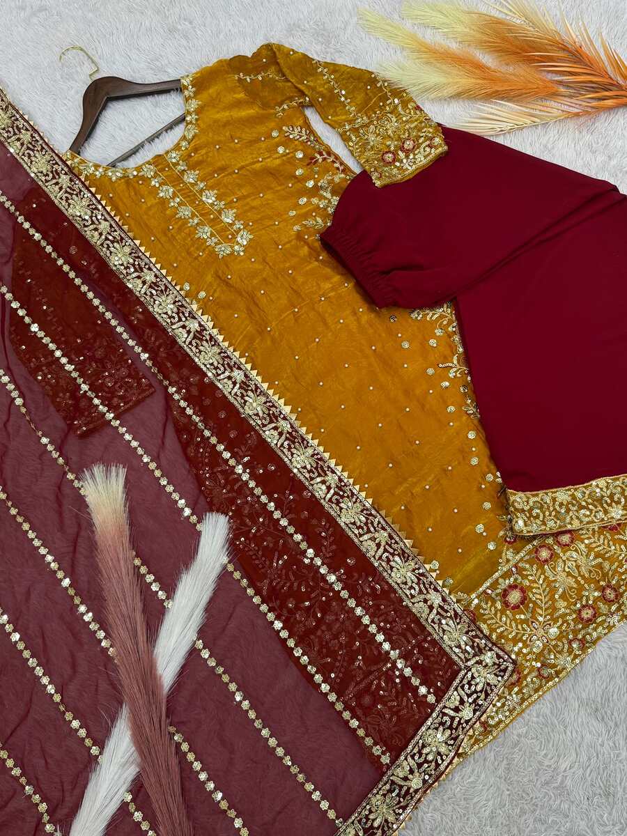 RICH LOOK FENDI SILK EMBROIDERY AND SEQUENCE WORK WITH RIVET MOTI WORK TOP PALAZZO WITH DUPATTA