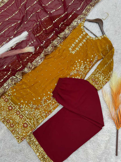 RICH LOOK FENDI SILK EMBROIDERY AND SEQUENCE WORK WITH RIVET MOTI WORK TOP PALAZZO WITH DUPATTA