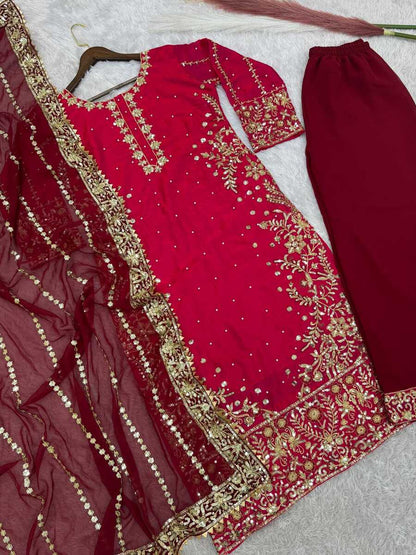 RICH LOOK FENDI SILK EMBROIDERY AND SEQUENCE WORK WITH RIVET MOTI WORK TOP PALAZZO WITH DUPATTA