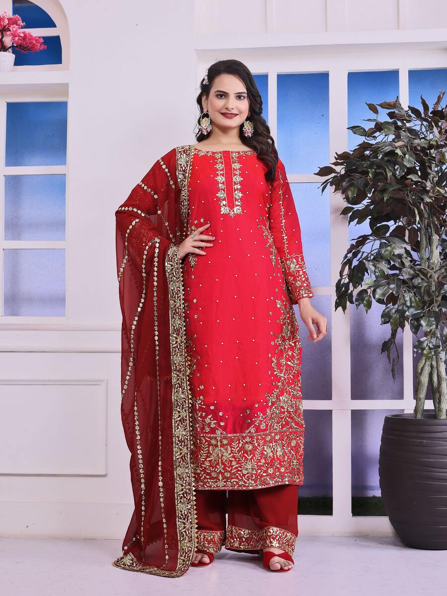 RICH LOOK FENDI SILK EMBROIDERY AND SEQUENCE WORK WITH RIVET MOTI WORK TOP PALAZZO WITH DUPATTA