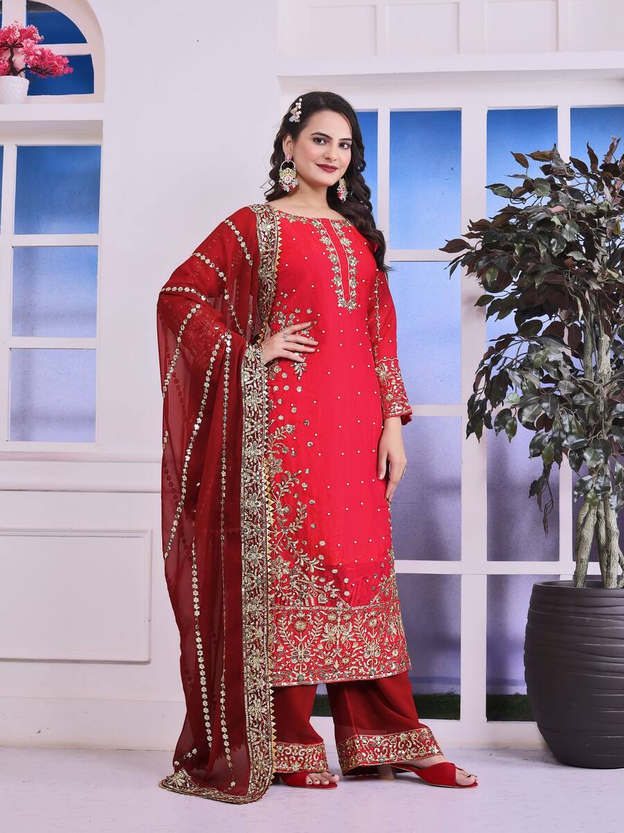 RICH LOOK FENDI SILK EMBROIDERY AND SEQUENCE WORK WITH RIVET MOTI WORK TOP PALAZZO WITH DUPATTA
