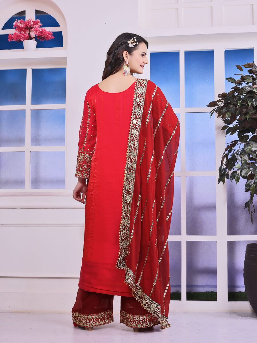 RICH LOOK FENDI SILK EMBROIDERY AND SEQUENCE WORK WITH RIVET MOTI WORK TOP PALAZZO WITH DUPATTA