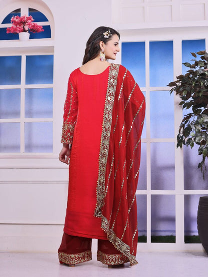 RICH LOOK FENDI SILK EMBROIDERY AND SEQUENCE WORK WITH RIVET MOTI WORK TOP PALAZZO WITH DUPATTA