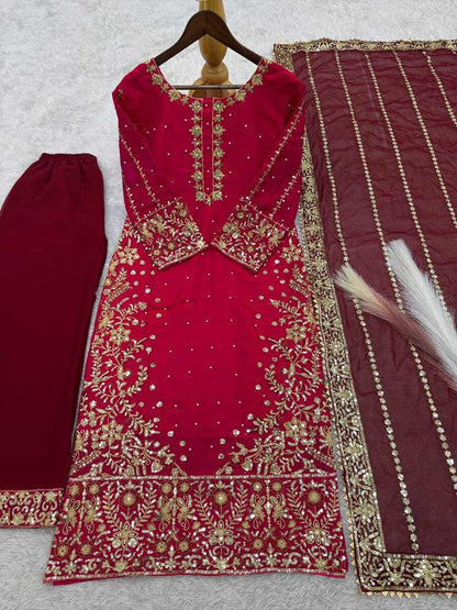 RICH LOOK FENDI SILK EMBROIDERY AND SEQUENCE WORK WITH RIVET MOTI WORK TOP PALAZZO WITH DUPATTA