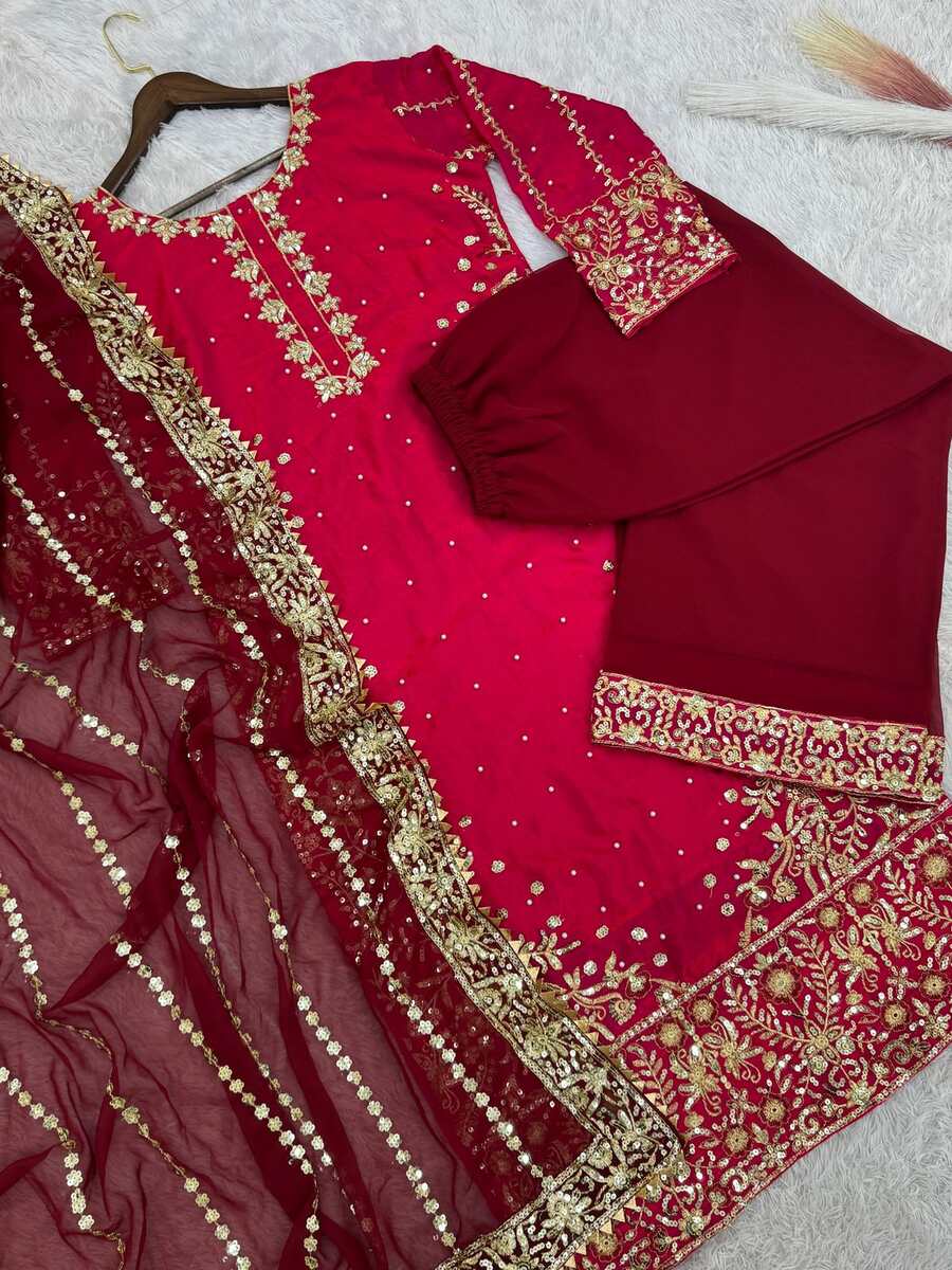 RICH LOOK FENDI SILK EMBROIDERY AND SEQUENCE WORK WITH RIVET MOTI WORK TOP PALAZZO WITH DUPATTA