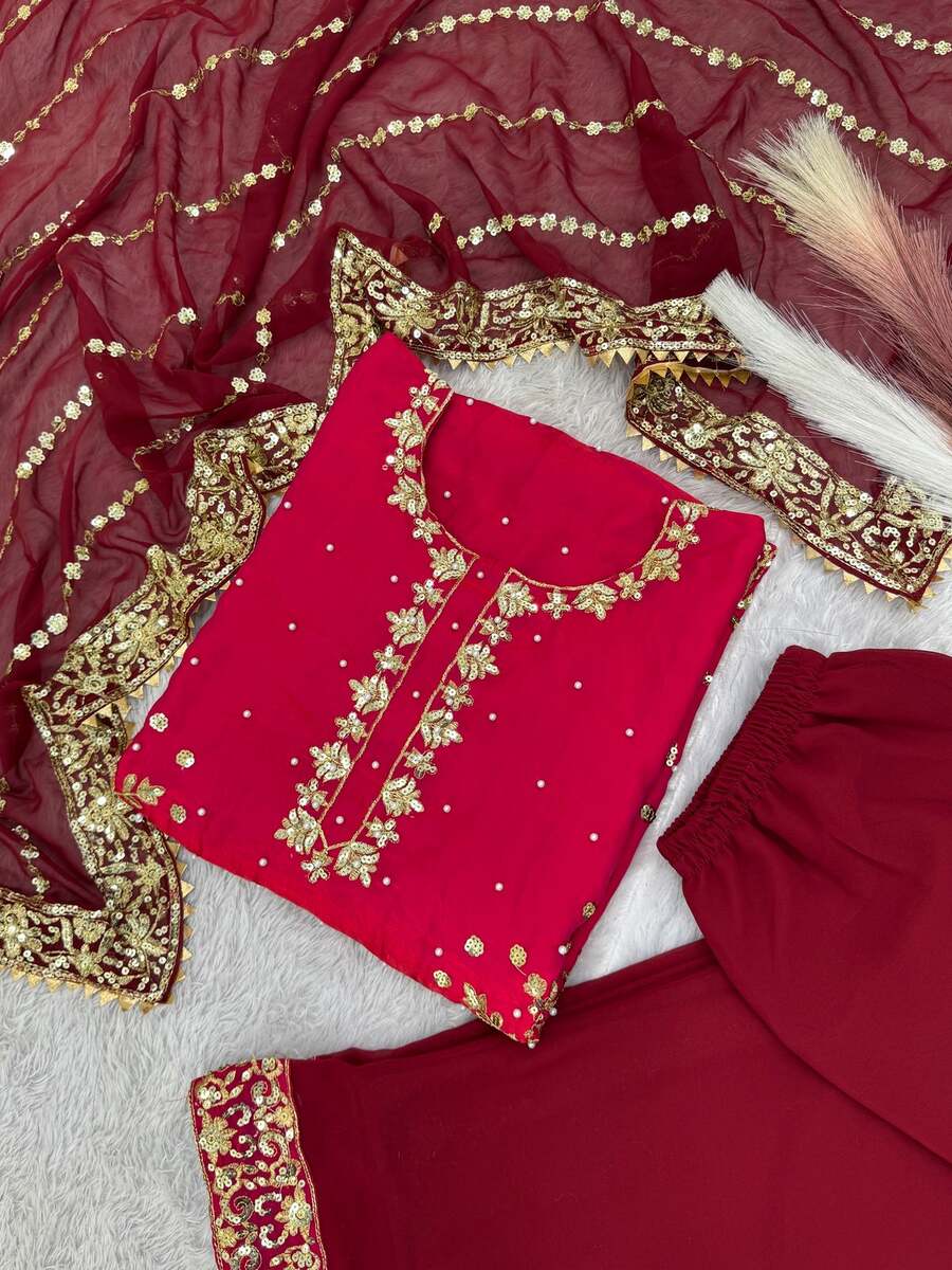 RICH LOOK FENDI SILK EMBROIDERY AND SEQUENCE WORK WITH RIVET MOTI WORK TOP PALAZZO WITH DUPATTA