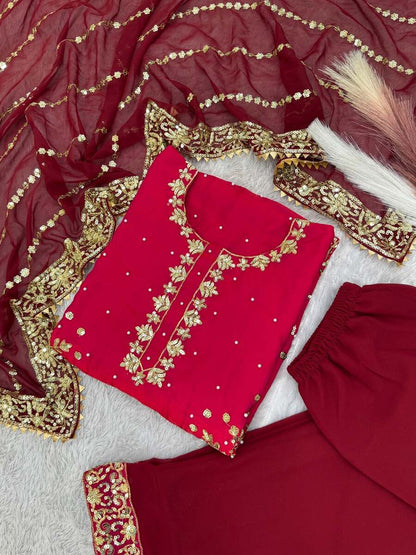 RICH LOOK FENDI SILK EMBROIDERY AND SEQUENCE WORK WITH RIVET MOTI WORK TOP PALAZZO WITH DUPATTA