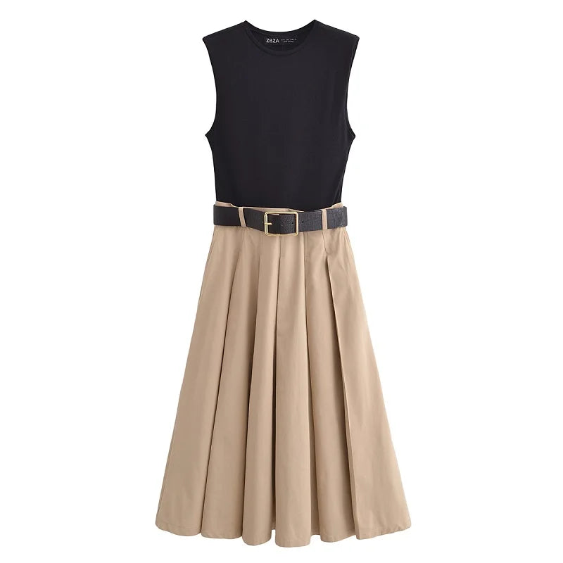 Woman  Belt Pleated Midi Dress