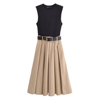 Woman  Belt Pleated Midi Dress