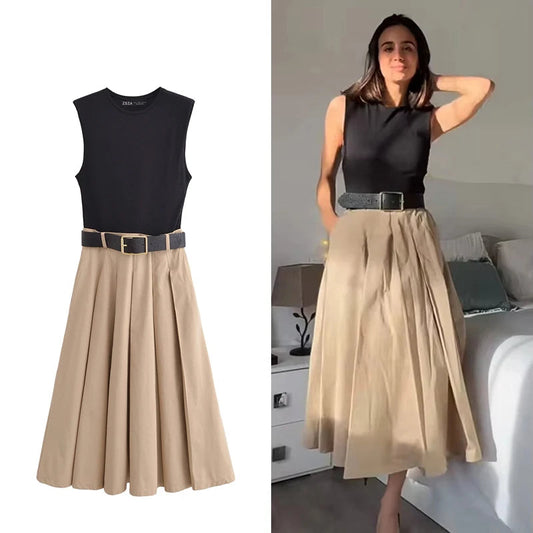 Woman  Belt Pleated Midi Dress