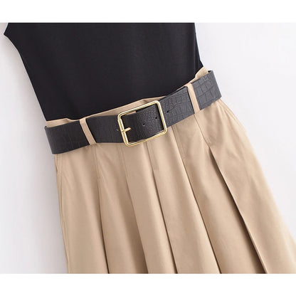 Woman  Belt Pleated Midi Dress