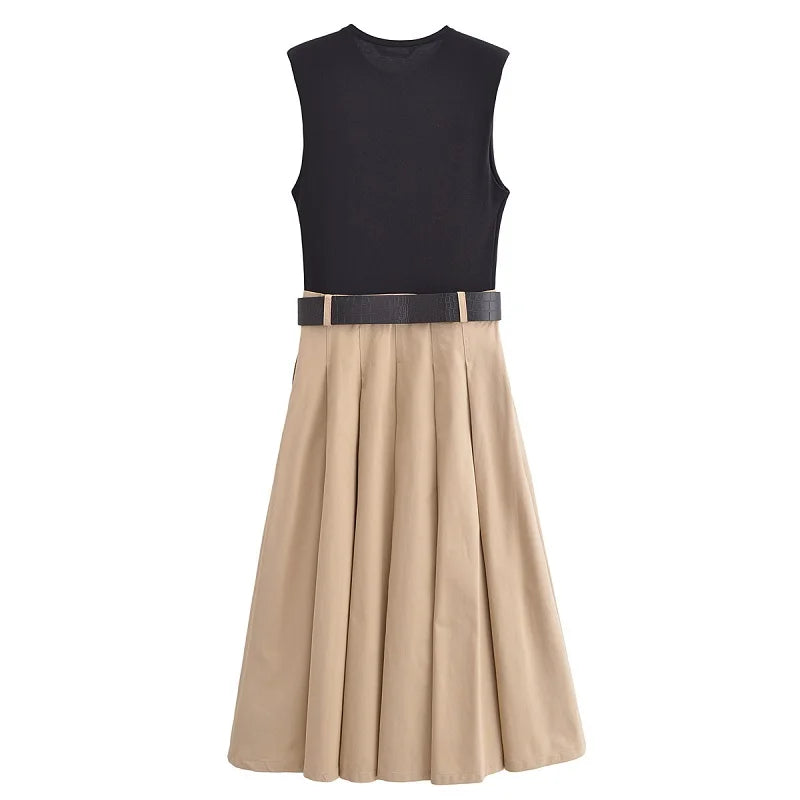 Woman  Belt Pleated Midi Dress