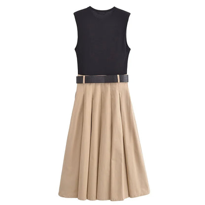 Woman  Belt Pleated Midi Dress